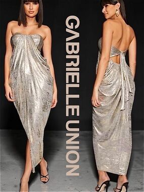 GABRIELLE UNION & New York & Company Metallic Gold Godess Strapless Maxi XXL NWT